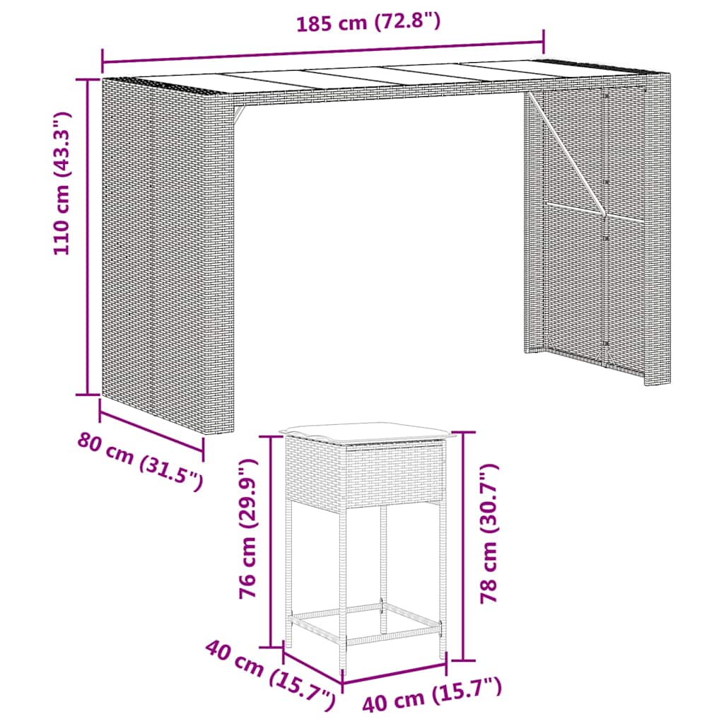 9 részes fekete polyrattan kerti bárszett párnával