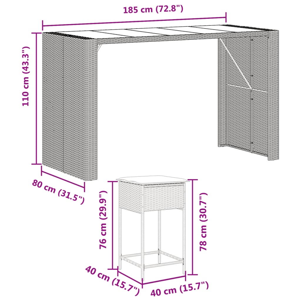 9 részes szürke polyrattan kerti bárszett párnával