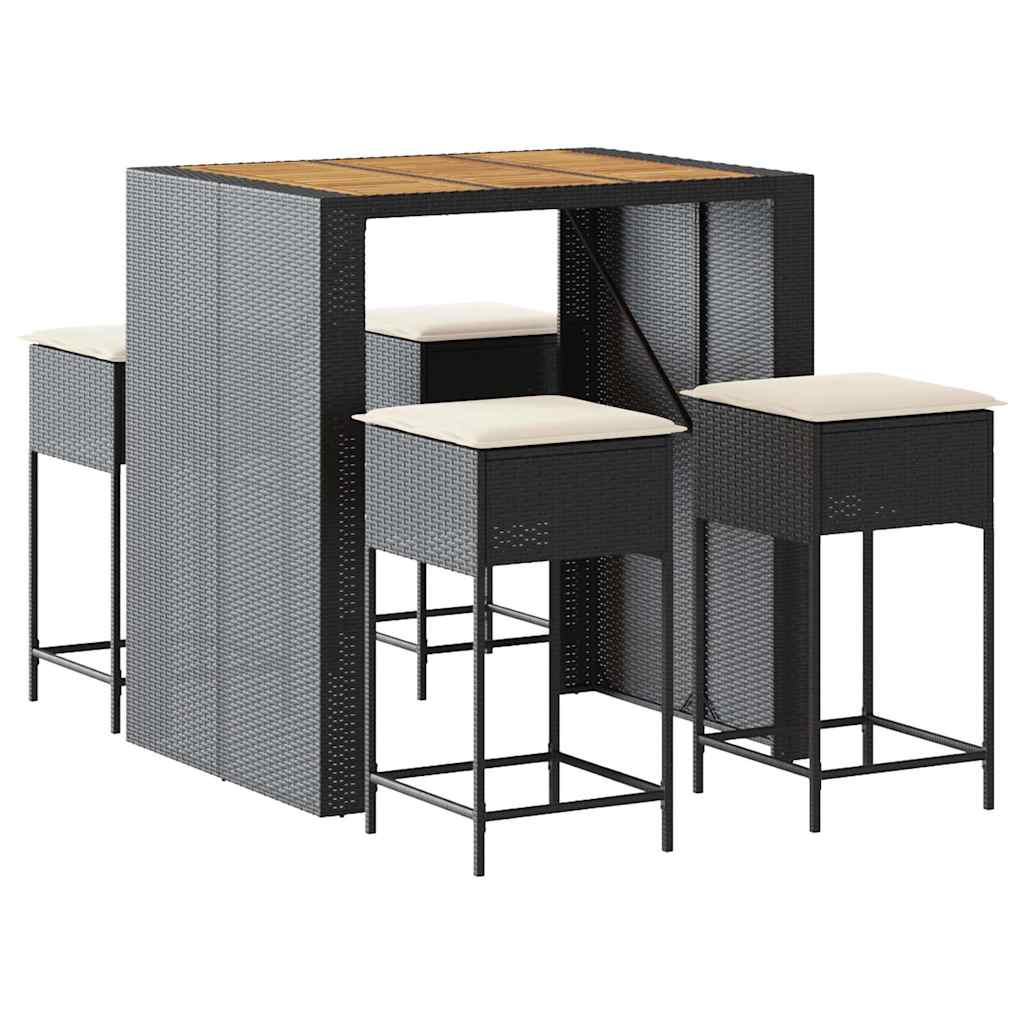 5 részes fekete polyrattan kerti bárszett párnával