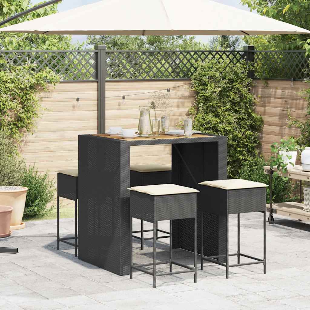 5 részes fekete polyrattan kerti bárszett párnával