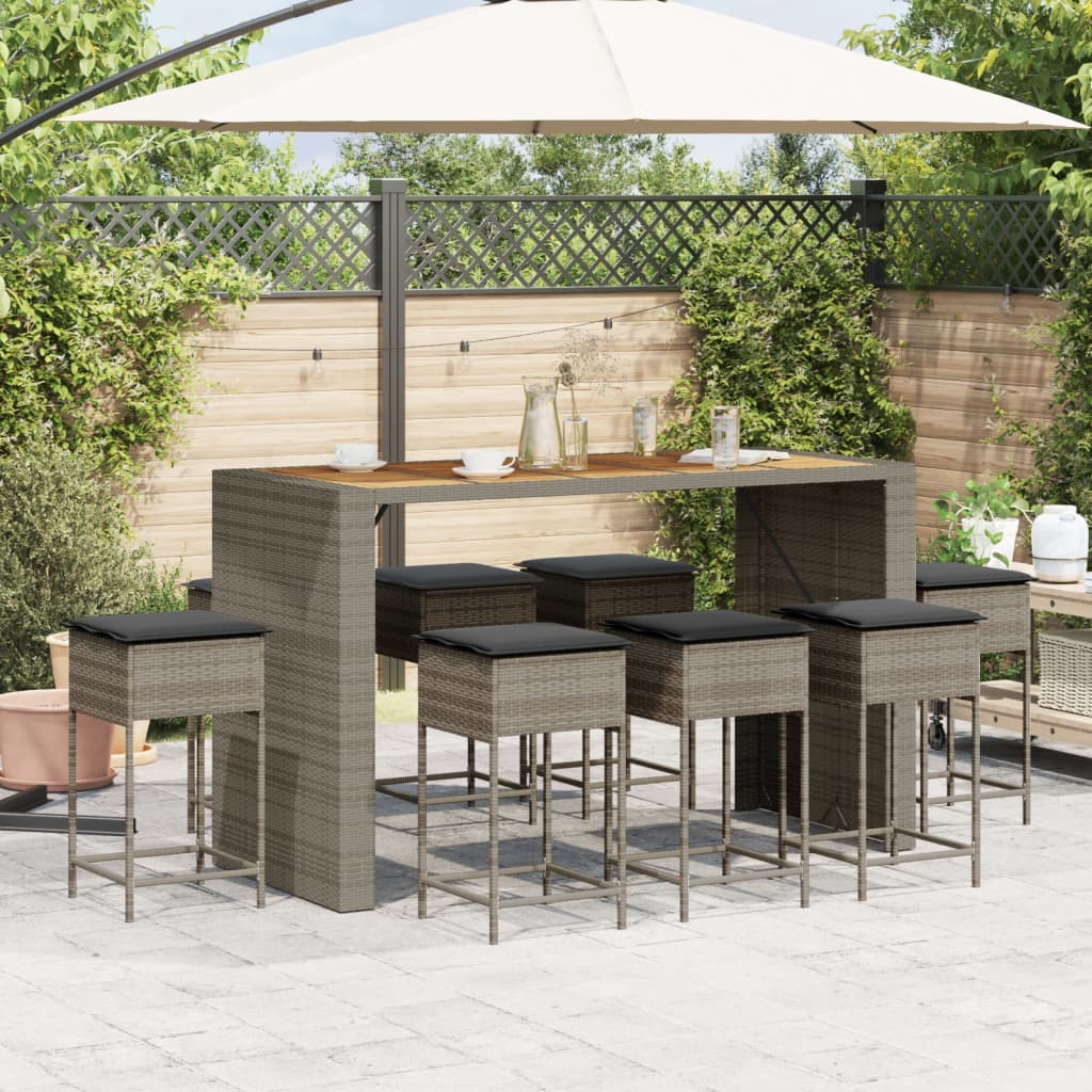 9 részes szürke polyrattan kerti bárszett párnával