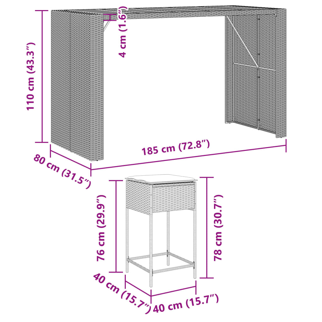 9 részes szürke polyrattan kerti bárszett párnával