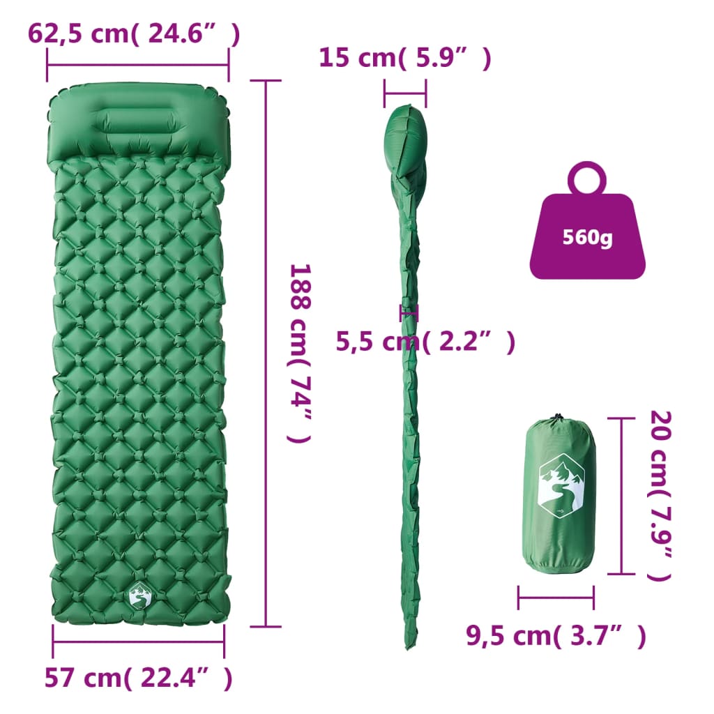 1 személyes zöld felfújható kempingmatrac párnával
