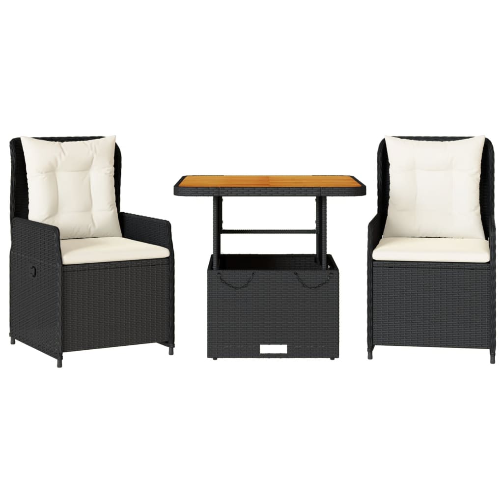 3 részes fekete polyrattan bisztrógarnitúra párnával