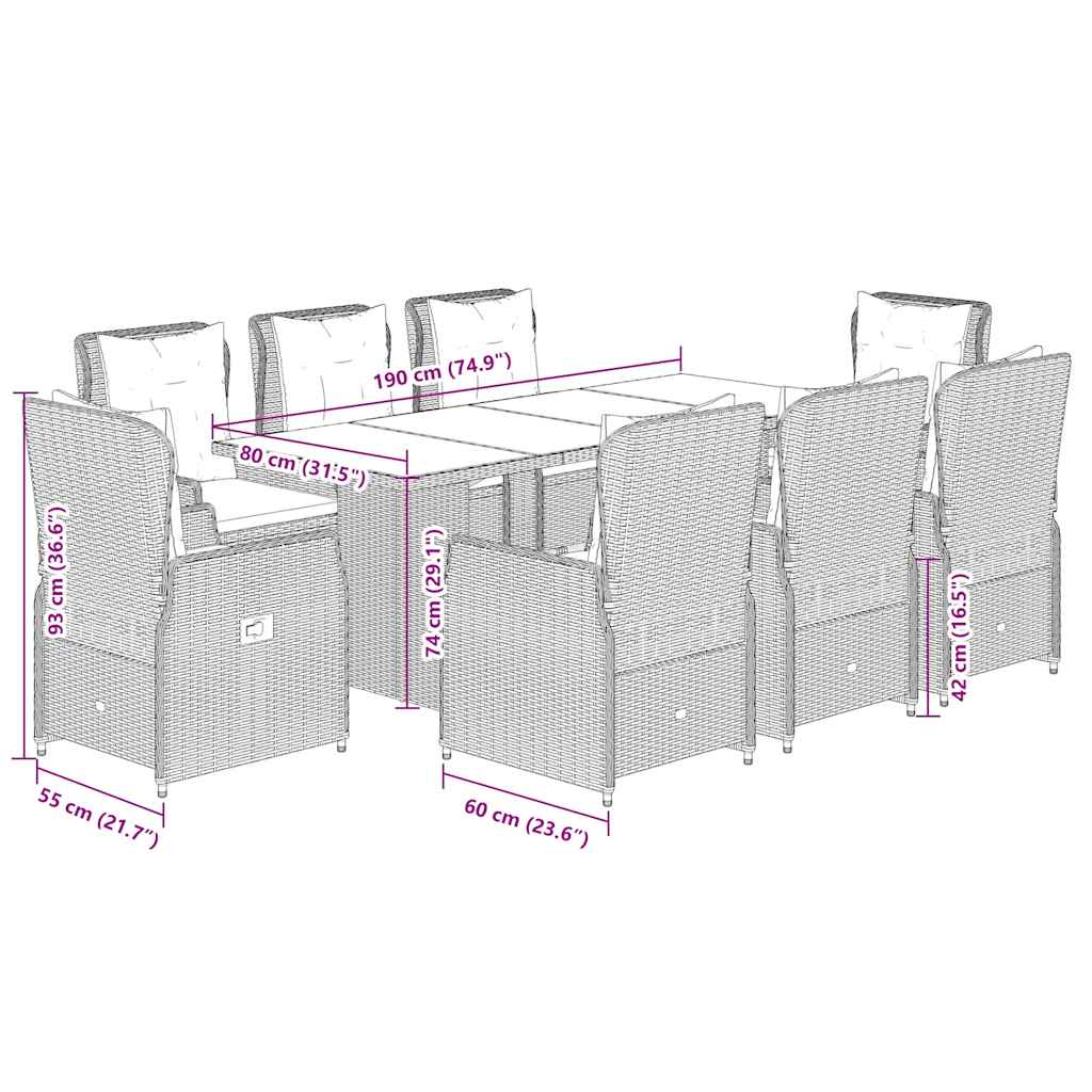 9 részes szürke polyrattan kerti étkezőgarnitúra párnával