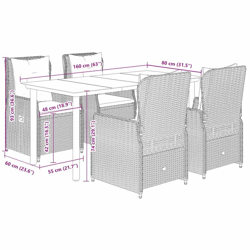 5 részes fekete polyrattan kerti étkezőgarnitúra párnákkal