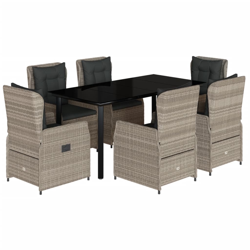 7 részes világosszürke polyrattan kerti étkezőszett párnával