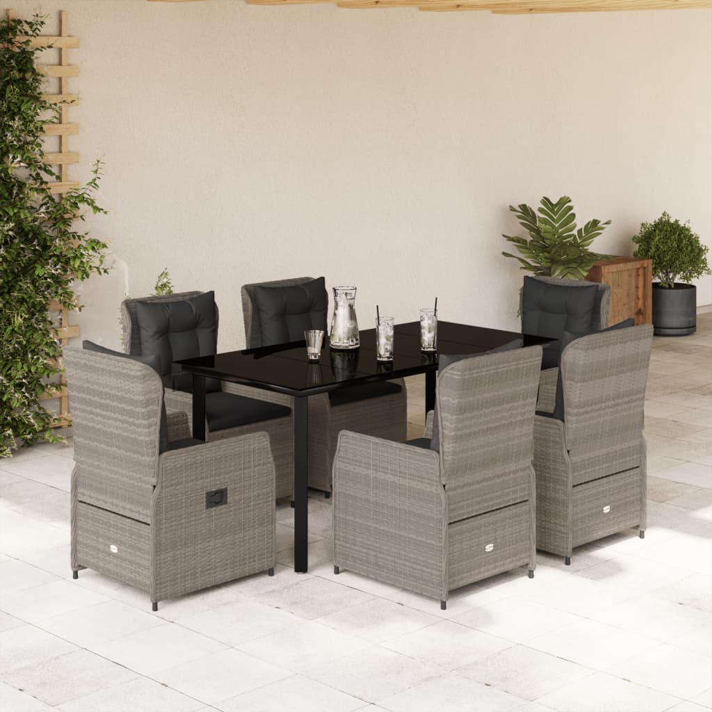 7 részes világosszürke polyrattan kerti étkezőszett párnával