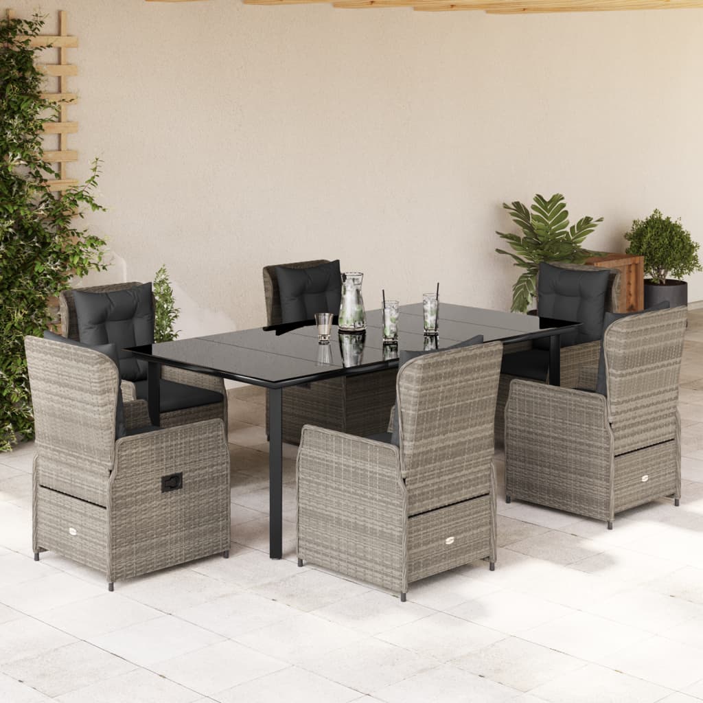 7 részes világosszürke polyrattan kerti étkezőszett párnával