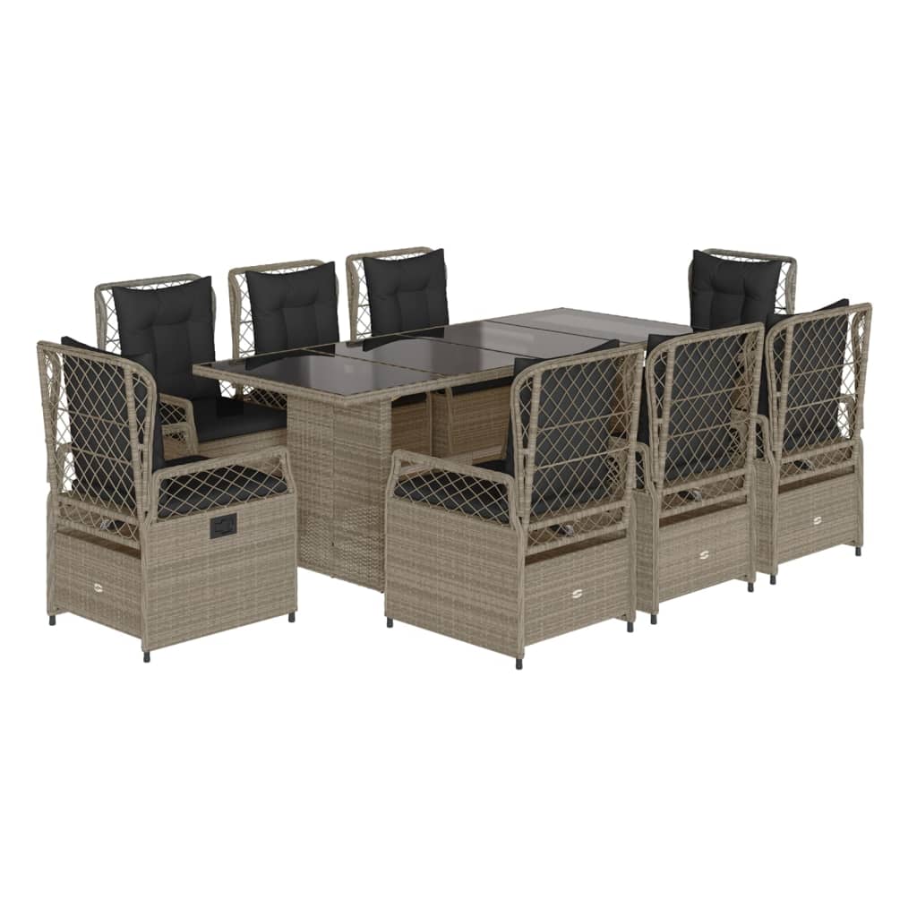 9részes világosszürke polyrattan kerti étkezőgarnitúra párnával