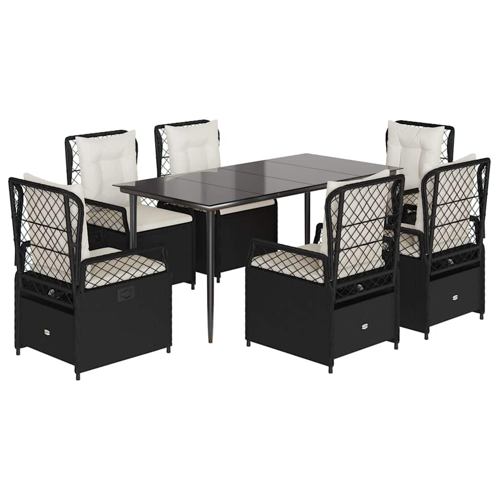 7 részes fekete polyrattan kerti étkezőgarnitúra párnával