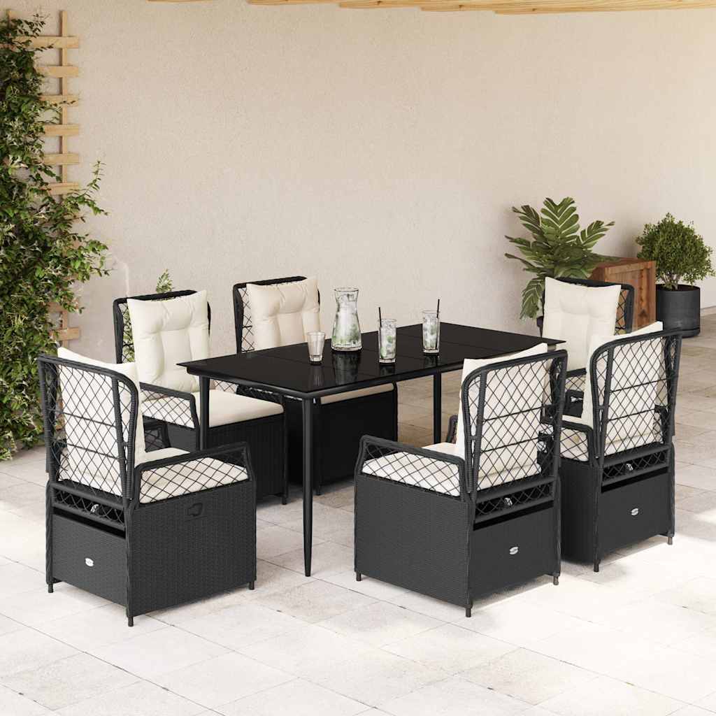7 részes fekete polyrattan kerti étkezőgarnitúra párnával