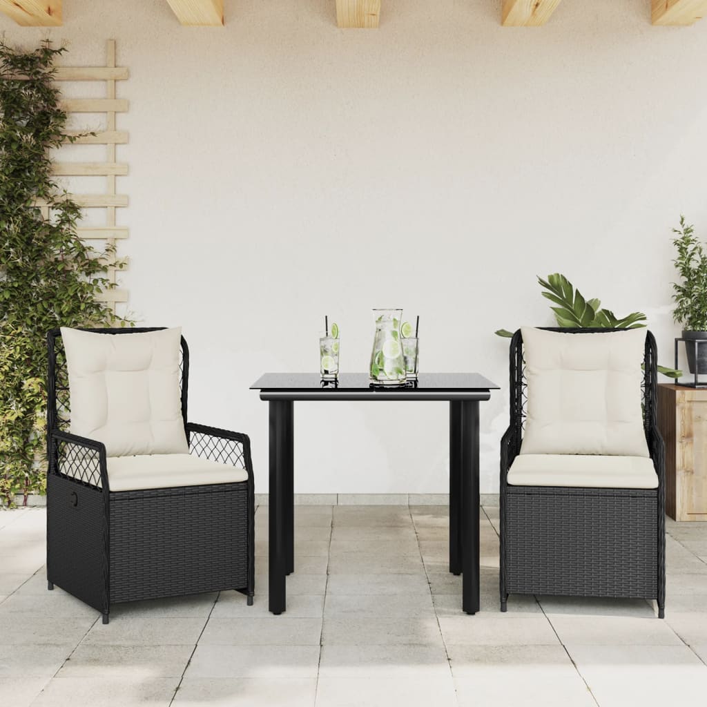 3 részes fekete polyrattan kerti étkezőgarnitúra párnákkal