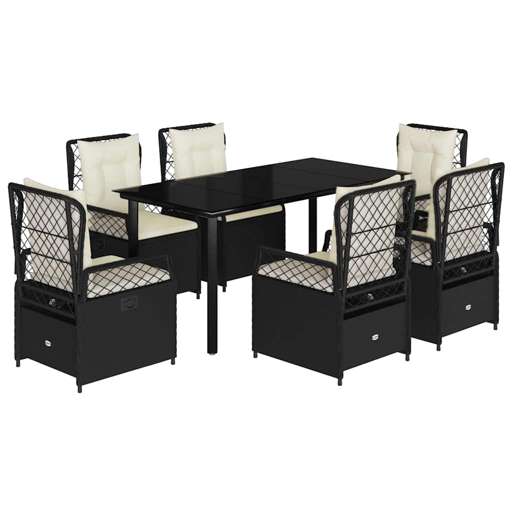 7 részes fekete polyrattan kerti étkezőgarnitúra párnával