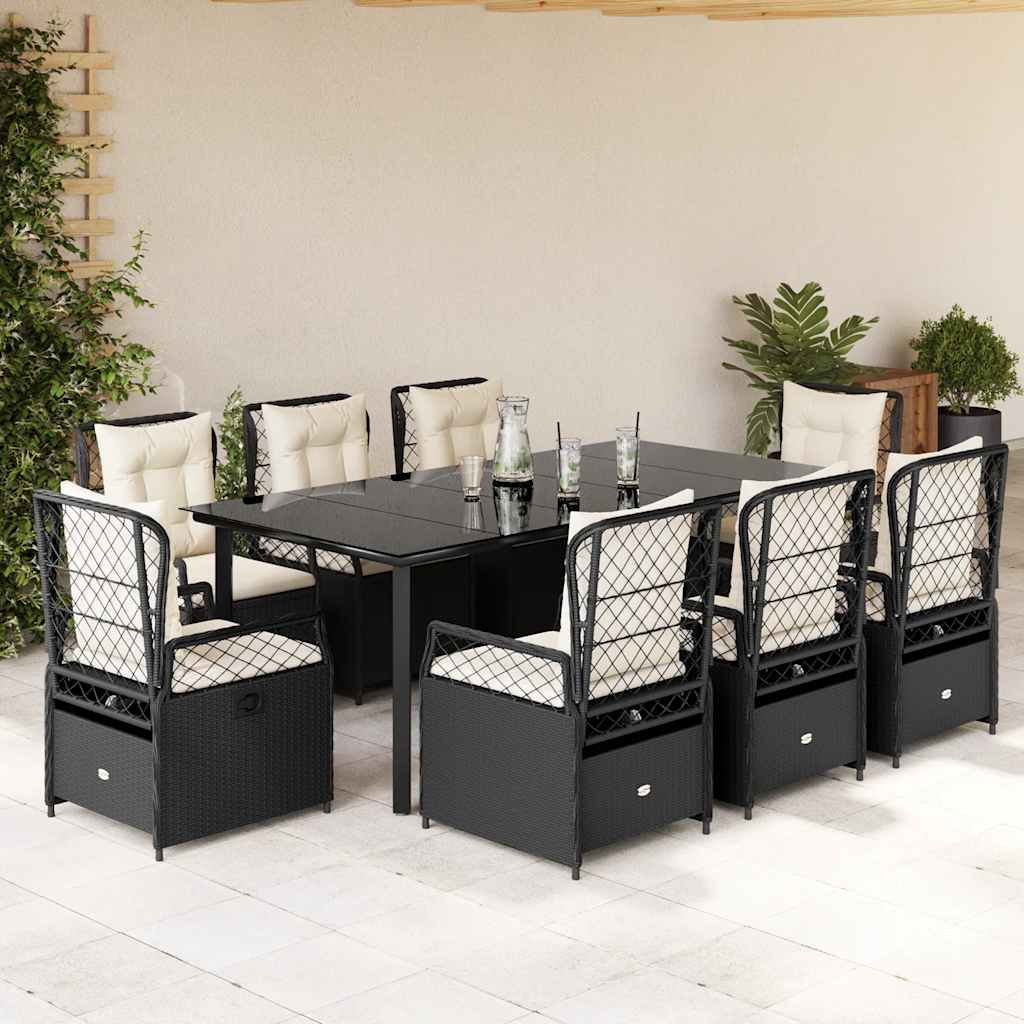 9 részes fekete polyrattan kerti étkezőgarnitúra párnákkal