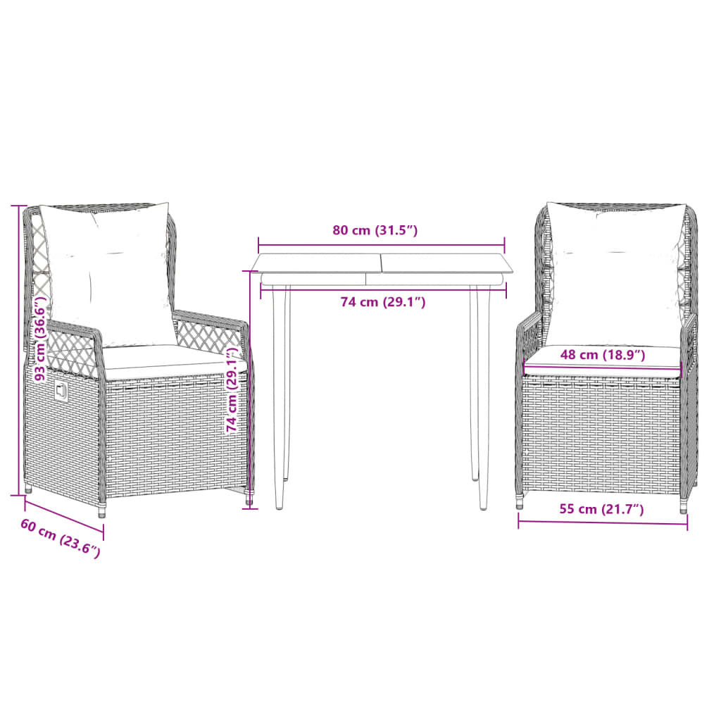 3 részes szürke polyrattan kerti étkezőgarnitúra párnával