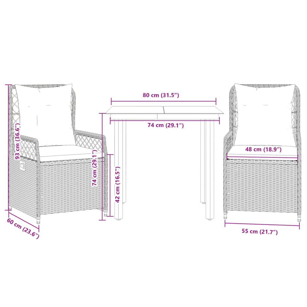 3 részes szürke polyrattan kerti étkezőgarnitúra párnával
