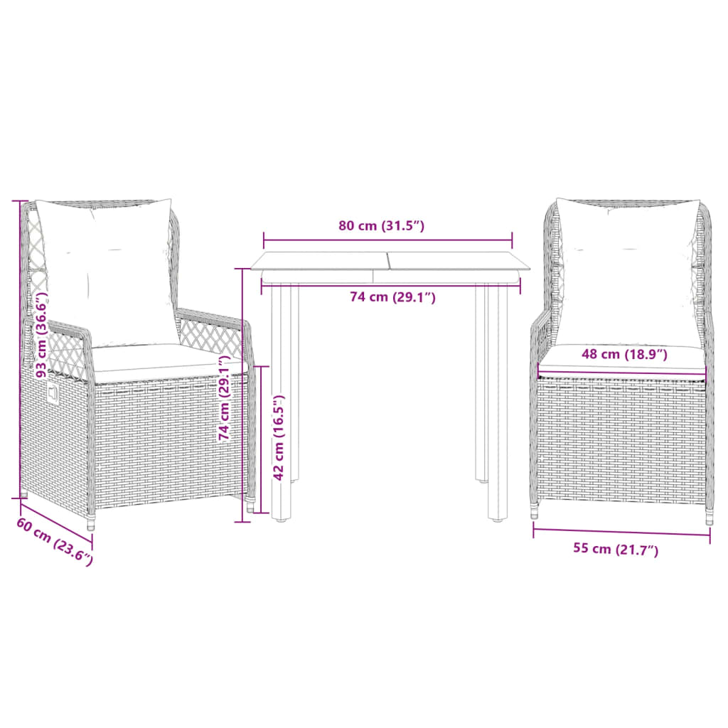 3 részes bézs polyrattan kerti étkezőgarnitúra párnákkal
