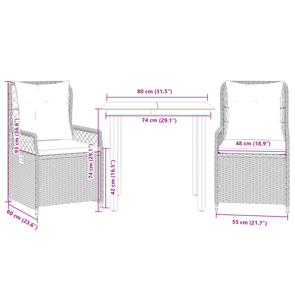 3részes világosszürke polyrattan kerti étkezőgarnitúra párnával