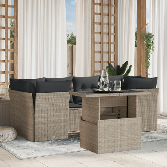 7 részes világosszürke polyrattan kerti ülőgarnitúra párnákkal