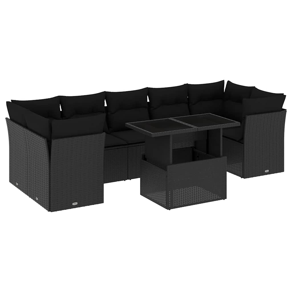 8 részes fekete polyrattan kerti ülőgarnitúra párnákkal