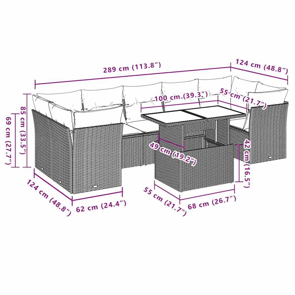 8 részes fekete polyrattan kerti ülőgarnitúra párnákkal