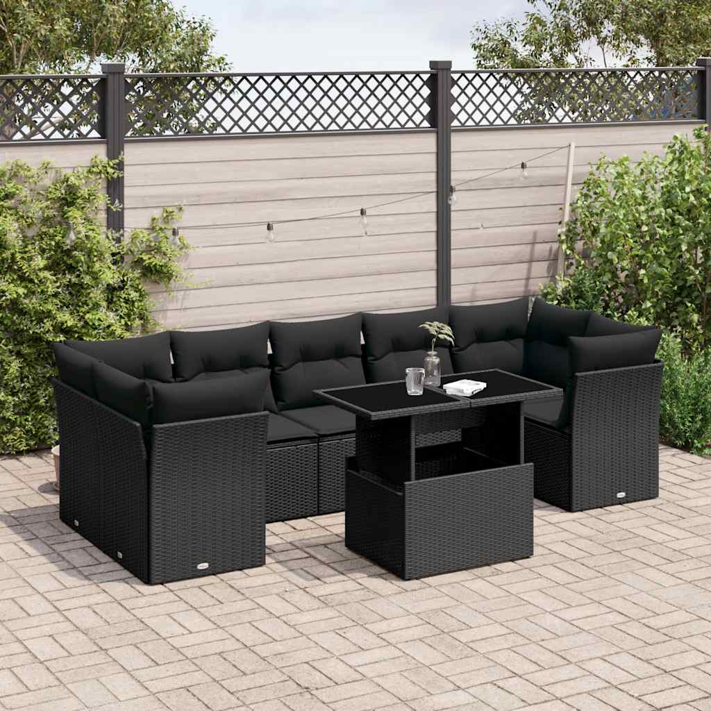8 részes fekete polyrattan kerti ülőgarnitúra párnákkal