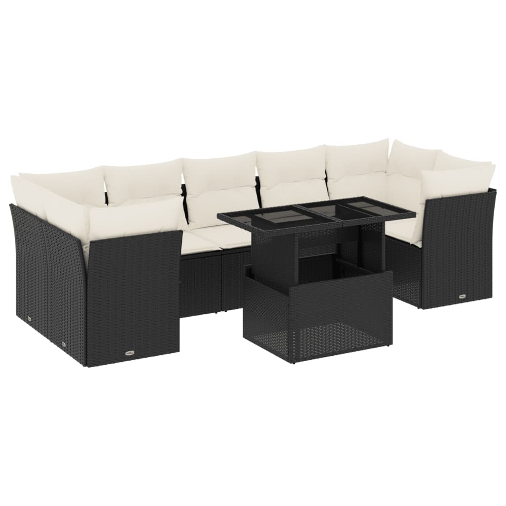 8 részes fekete polyrattan kerti ülőgarnitúra párnákkal