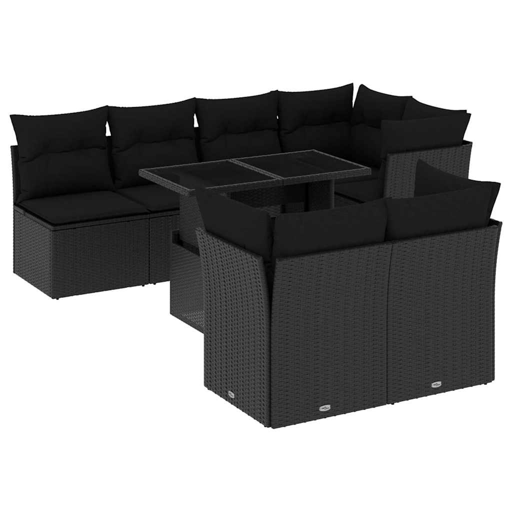 8 részes fekete polyrattan kerti ülőgarnitúra párnákkal