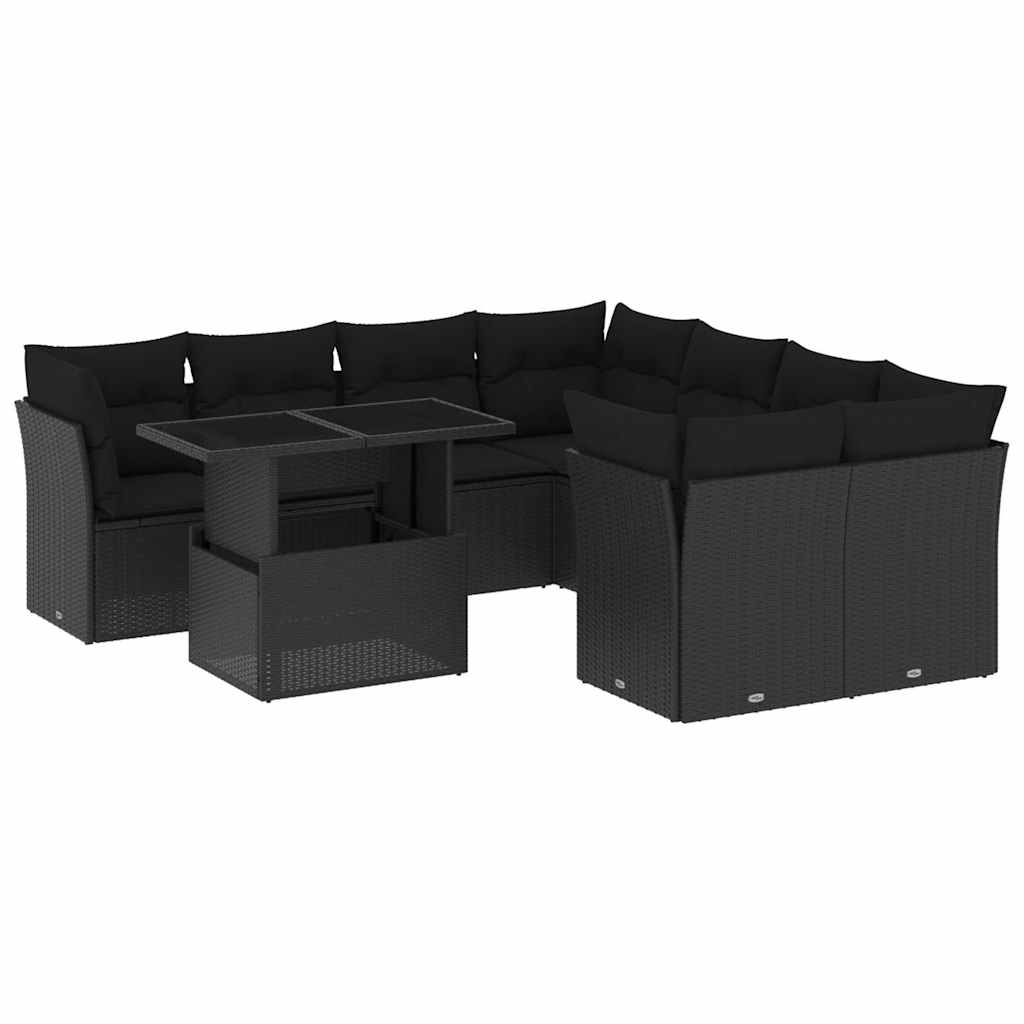 9 részes fekete polyrattan kerti ülőgarnitúra párnákkal
