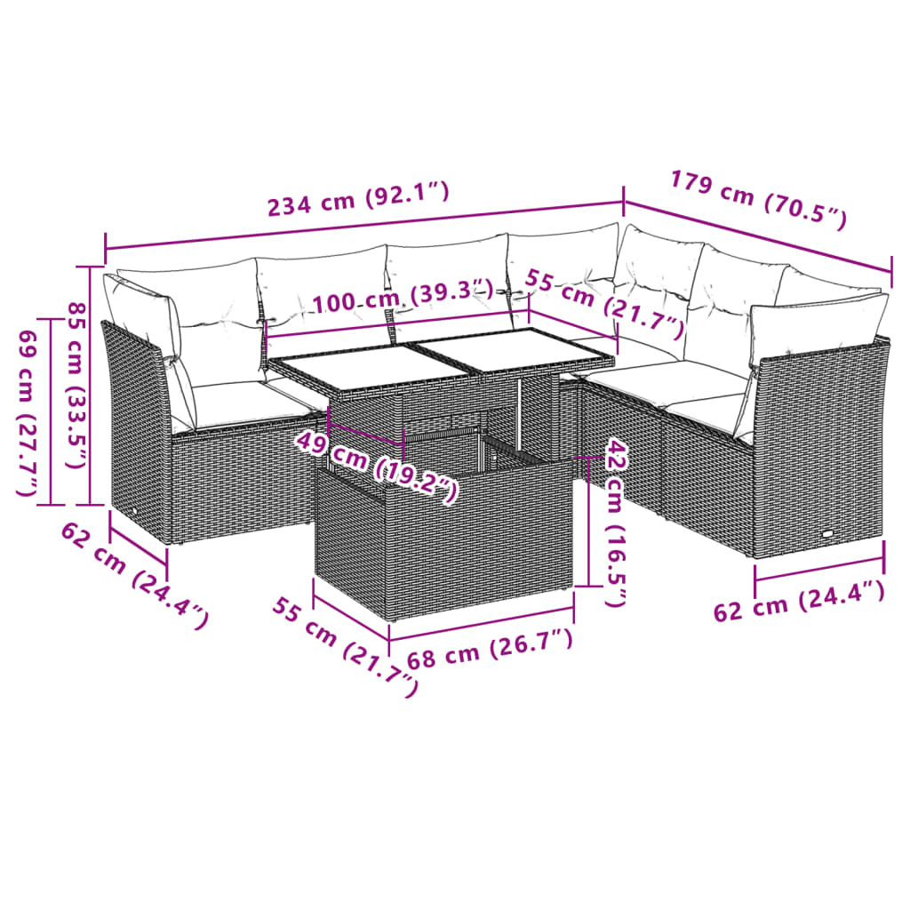 7 részes világosszürke polyrattan kerti ülőgarnitúra párnákkal