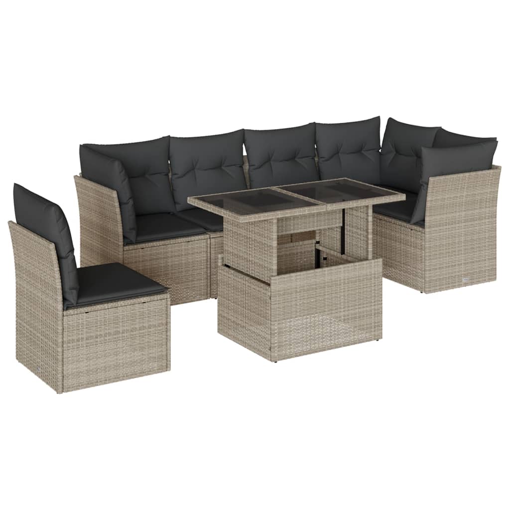 7 részes világosszürke polyrattan kerti ülőgarnitúra párnákkal