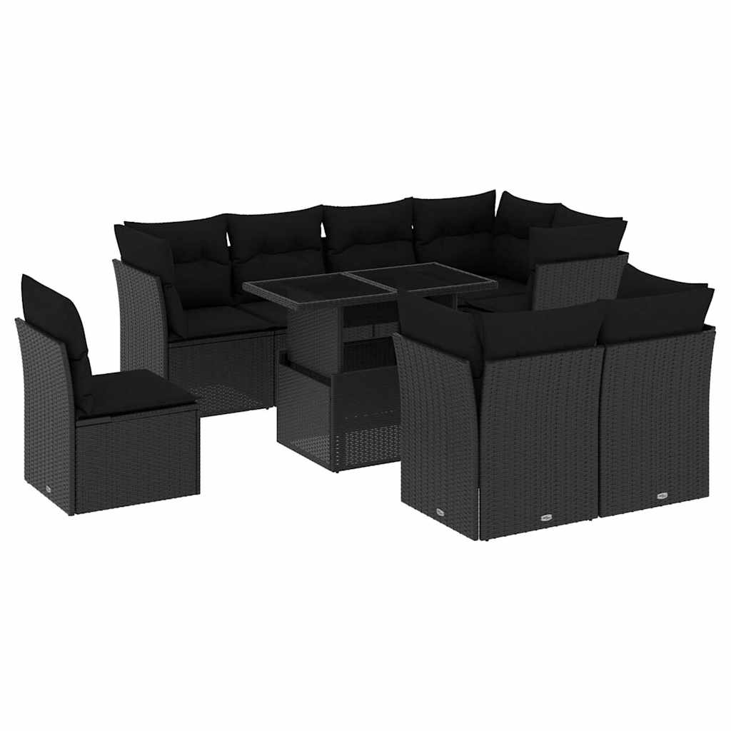 9 részes fekete polyrattan kerti ülőgarnitúra párnákkal