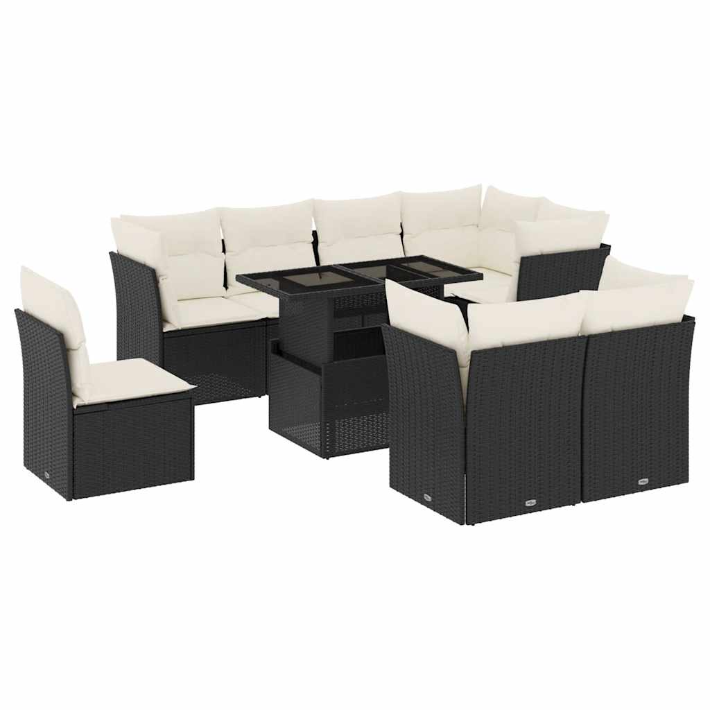 9 részes fekete polyrattan kerti ülőgarnitúra párnákkal