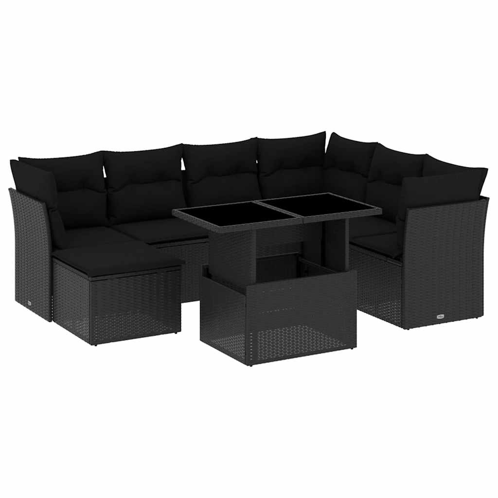 8 részes fekete polyrattan kerti ülőgarnitúra párnákkal