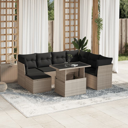 8 részes világosszürke polyrattan kerti ülőgarnitúra párnával