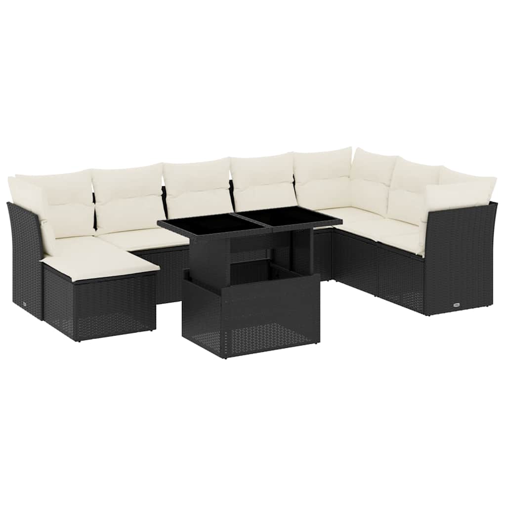 9 részes fekete polyrattan kerti ülőgarnitúra párnákkal