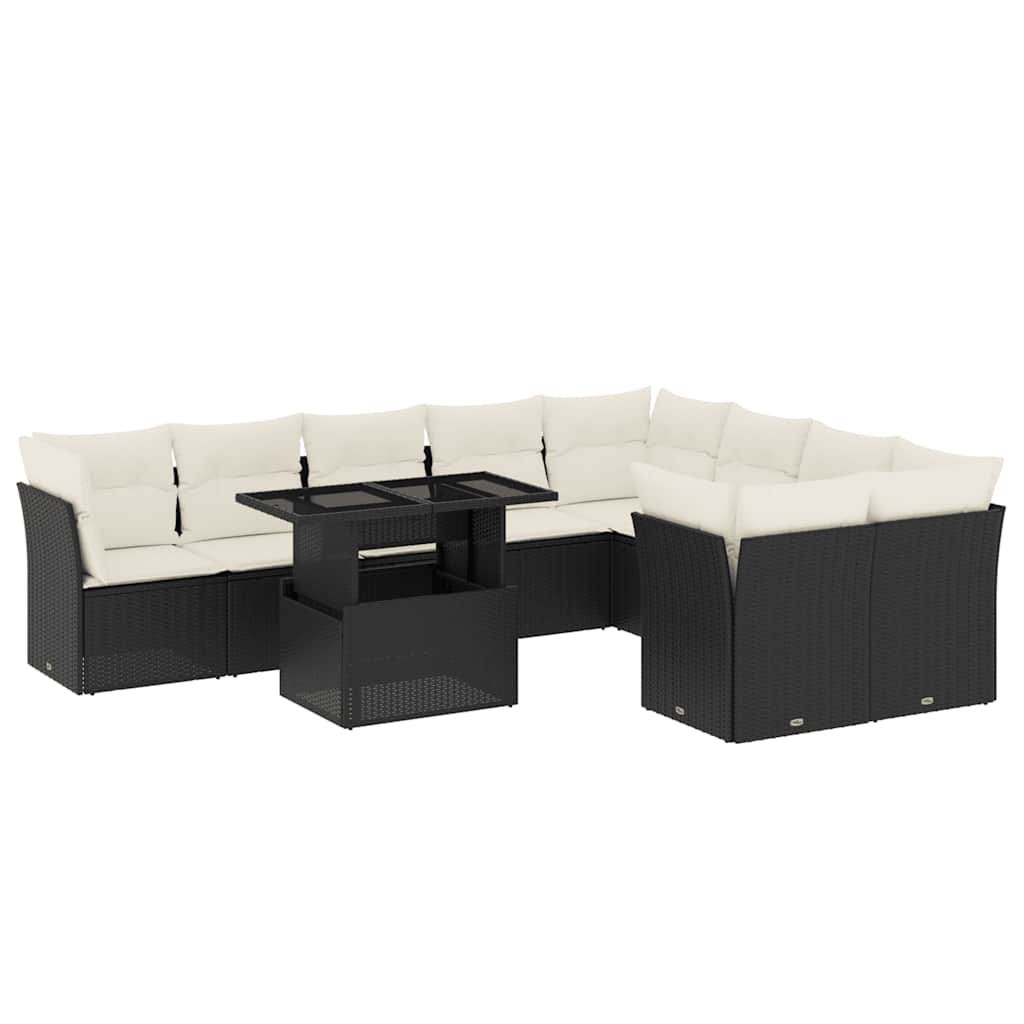 10 részes fekete polyrattan kerti ülőgarnitúra párnákkal