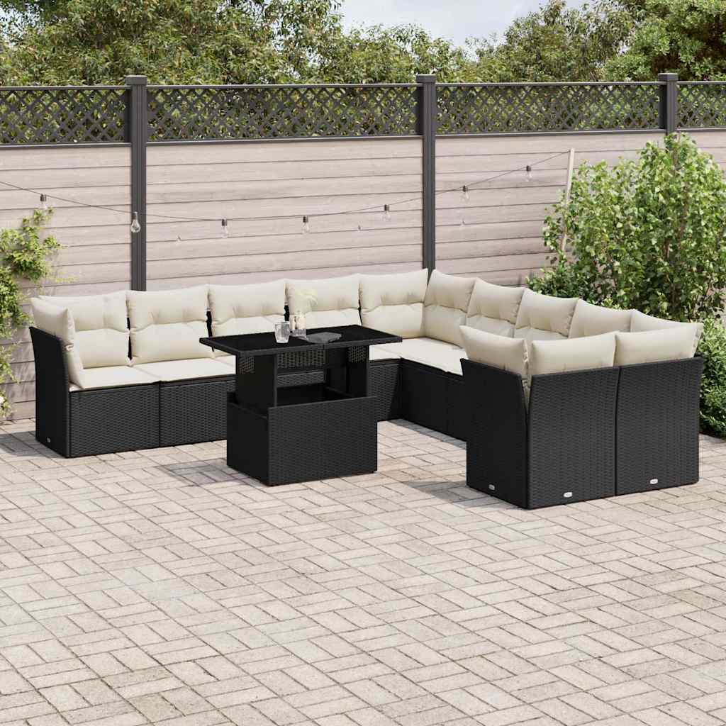 11 részes fekete polyrattan kerti ülőgarnitúra párnákkal