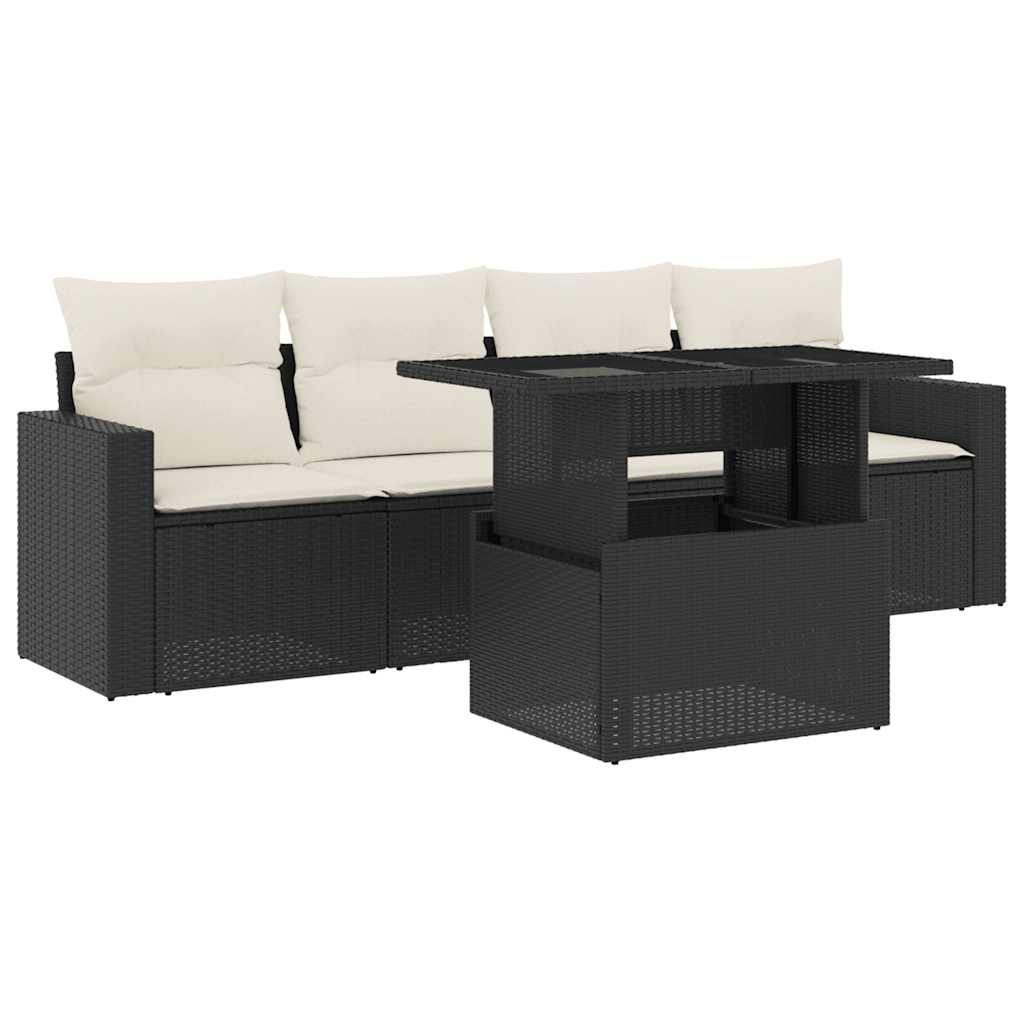5 részes fekete polyrattan kerti kanapészett párnákkal