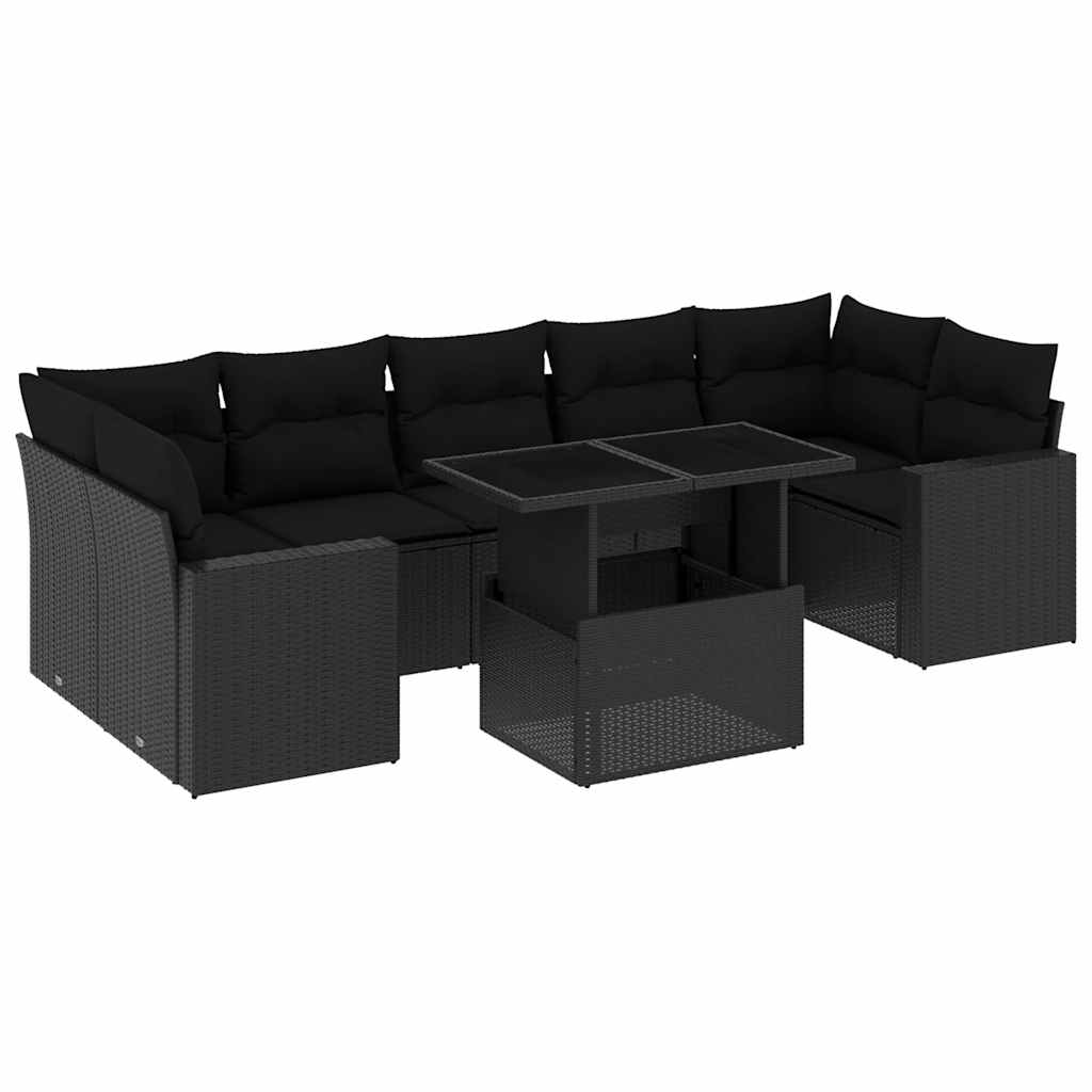 8 részes fekete polyrattan kerti ülőgarnitúra párnákkal