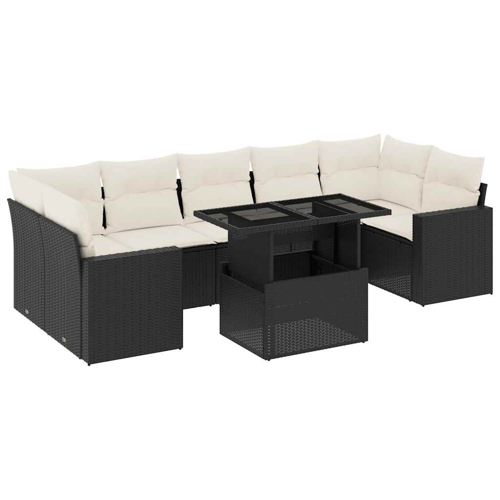 8 részes fekete polyrattan kerti ülőgarnitúra párnákkal