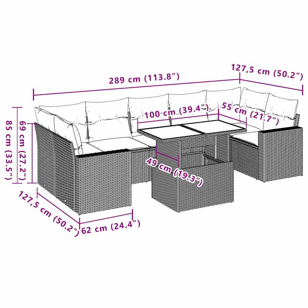 8 részes fekete polyrattan kerti ülőgarnitúra párnákkal
