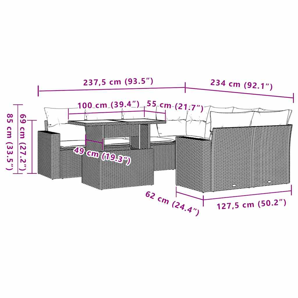 9 részes fekete polyrattan kerti ülőgarnitúra párnákkal