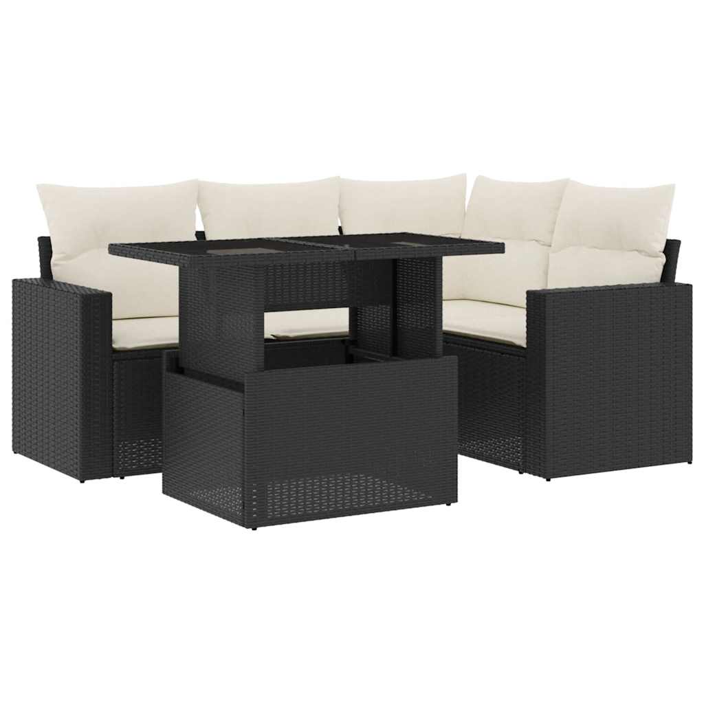 5 részes fekete polyrattan kerti kanapészett párnákkal