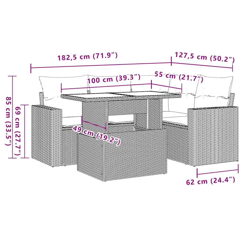5 részes világosszürke polyrattan kerti ülőgarnitúra párnákkal