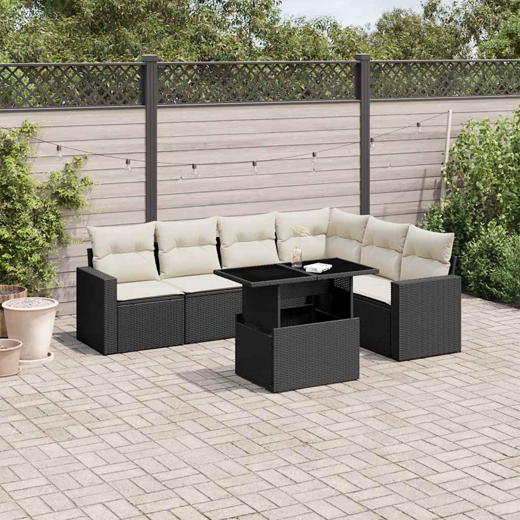 7 részes fekete polyrattan kerti ülőgarnitúra párnával