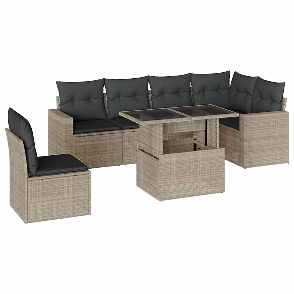 7 részes világosszürke polyrattan kerti ülőgarnitúra párnákkal
