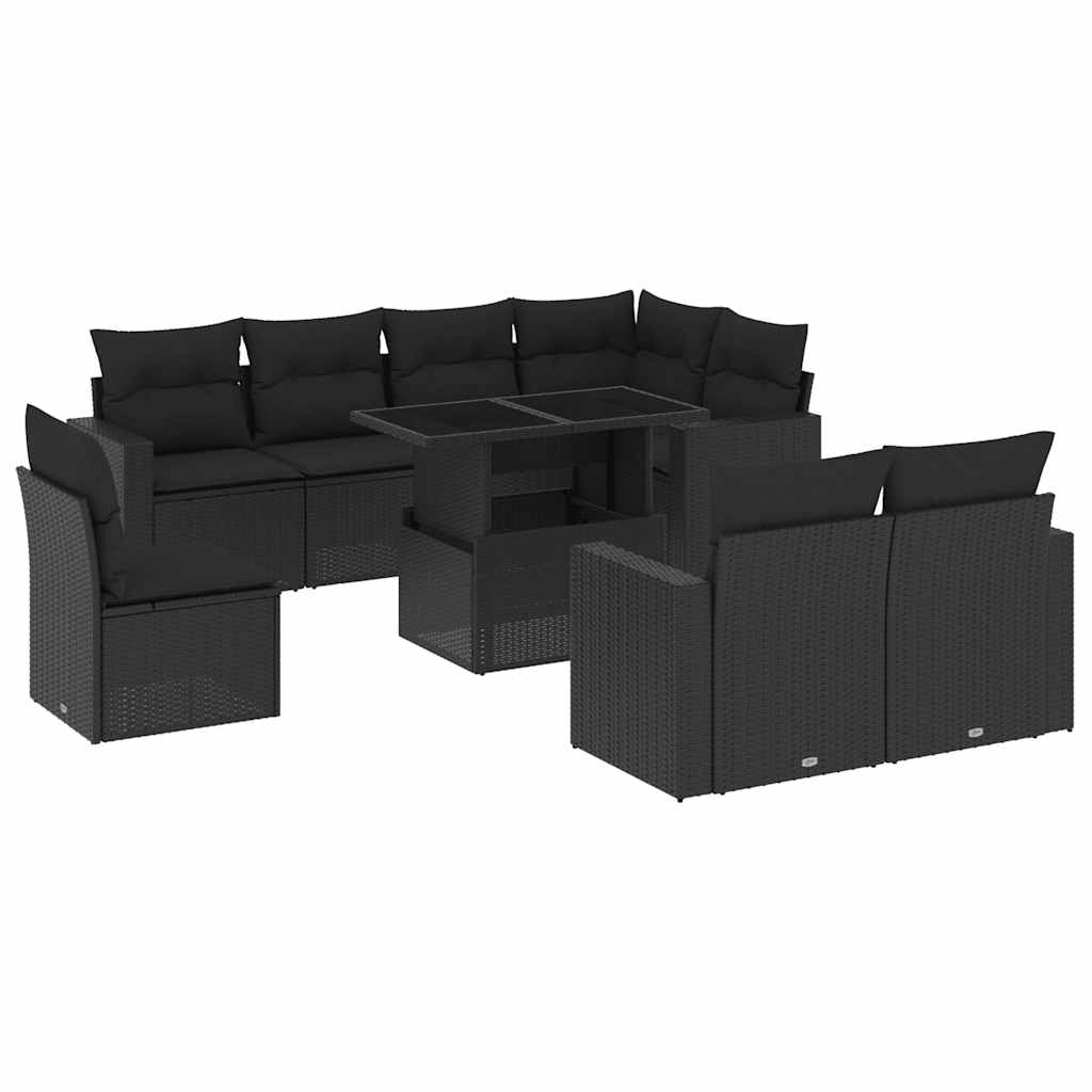 9 részes fekete polyrattan kerti ülőgarnitúra párnákkal