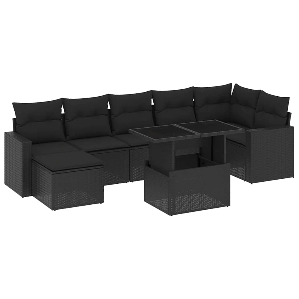 8 részes fekete polyrattan kerti ülőgarnitúra párnákkal